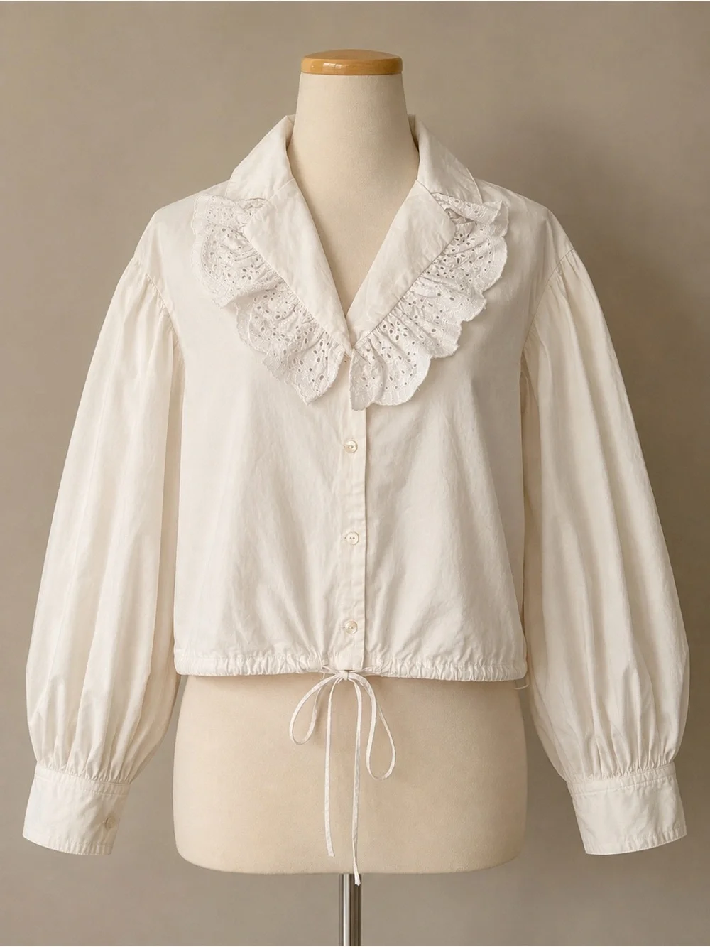 Zara White Eyelet Ruffle Collar Balloon Sleeve Boho Cropped Cotton Blouse Size L